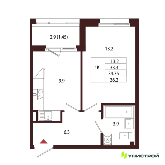 Планировка 1-комн. квартира, 34.75 м² ЖК «Лисино»