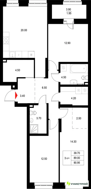 Планировка 3-комн. квартира, 90.95 м² ЖК «Уникод на Технической»