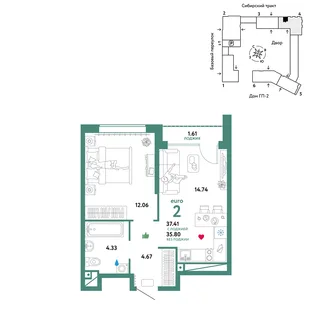 Планировка 2-комн. квартира, 37.41 м² ЖК «Сибирский сад»