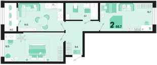 Планировка 2-комн. квартира, 68.7 м² ЖК «Первое место»
