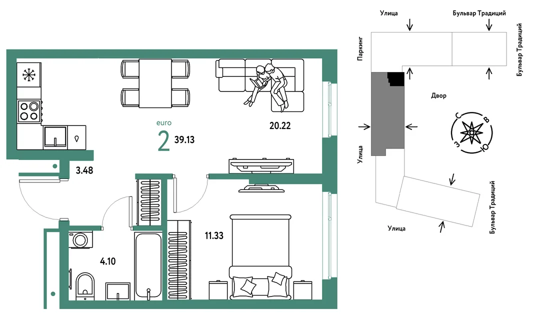 Планировка 2-комн. квартира, 39.13 м² ЖК «Микрорайон Домашний»