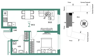 Планировка 2-комн. квартира, 39.13 м² ЖК «Микрорайон Домашний»