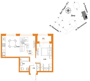 Планировка 1-комн. квартира, 50.17 м² ЖК «Страна.Парковая»