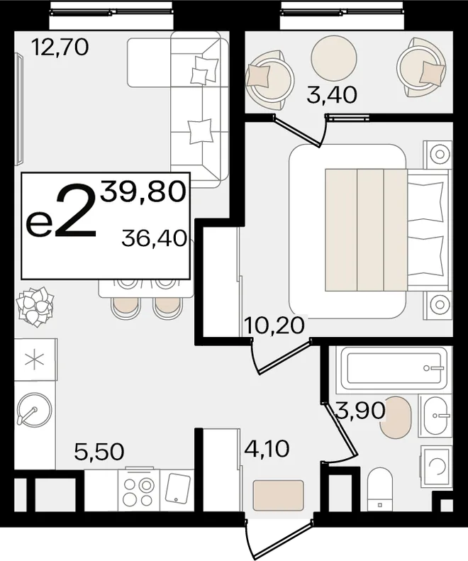 Планировка 2-комн. квартира, 39.8 м² ЖК «Патрики» Планировка 2-комн. квартира, 39.8 м² ЖК «Патрики»