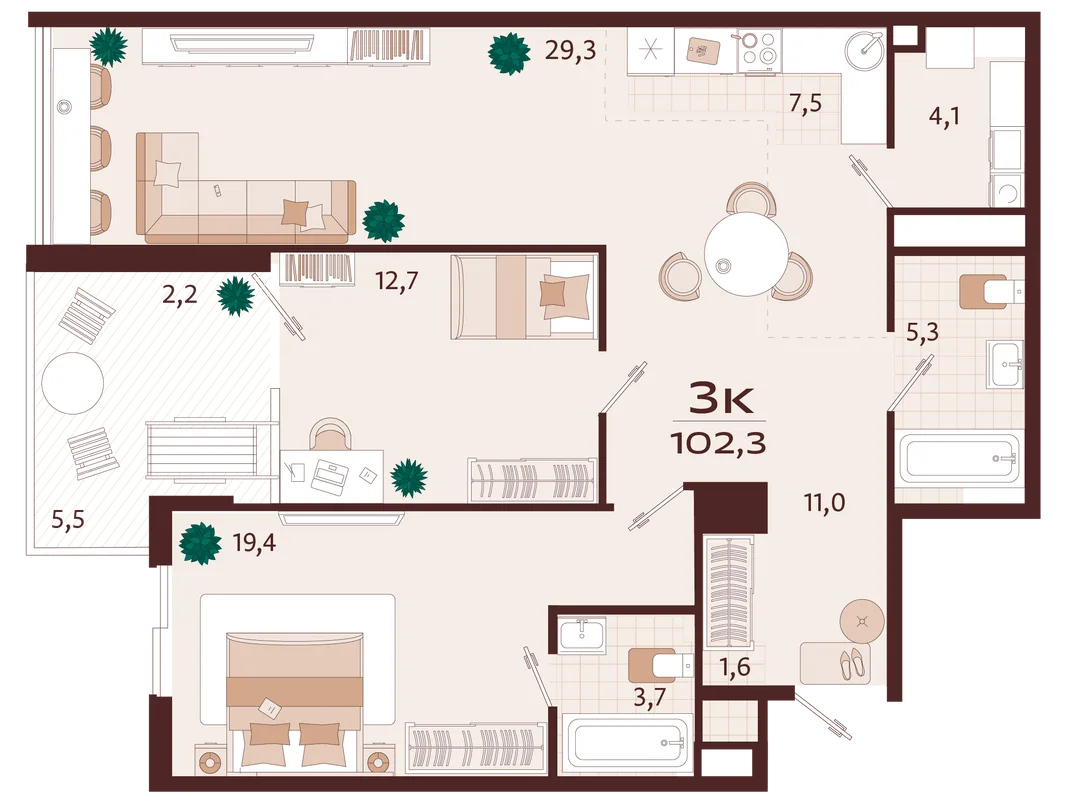 Планировка 3-комн. квартира, 102.3 м² ЖК «Роялта»