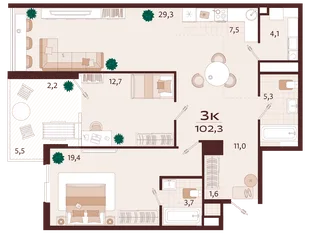 Планировка 3-комн. квартира, 102.3 м² ЖК «Роялта»