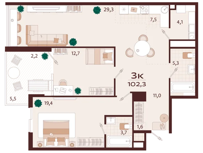 Планировка 3-комн. квартира, 102.3 м² ЖК «Роялта» Планировка 3-комн. квартира, 102.3 м² ЖК «Роялта»