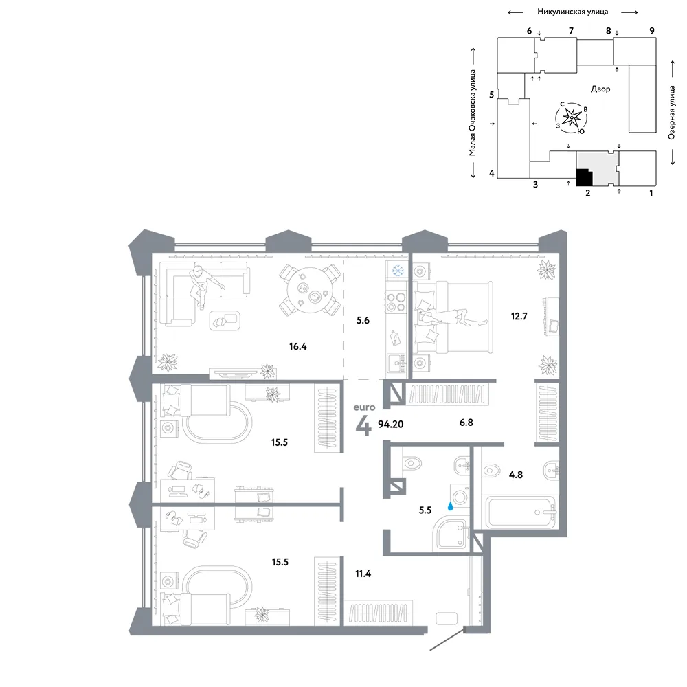Планировка 4-комн. квартира, 94.2 м² ЖК «Страна.Озёрная»