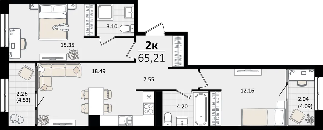 Планировка 2-комн. квартира, 65.21 м² ЖК «Патрики»