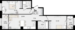 Планировка 2-комн. квартира, 65.21 м² ЖК «Патрики»