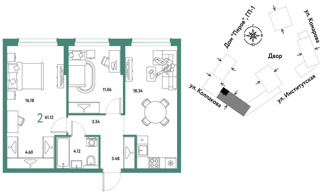 Планировка 2-комн. квартира, 61.12 м² ЖК «Страна.Парковая»