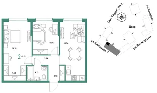 Планировка 2-комн. квартира, 61.12 м² ЖК «Страна.Парковая»