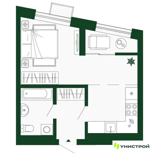 Планировка 1-комн. квартира, 34 м² ЖК «Парковый квартал 2.0»