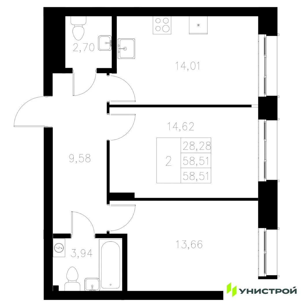 Планировка 2-комн. квартира, 58.51 м² ЖК «Statum»
