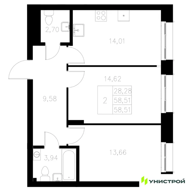 Планировка 2-комн. квартира, 58.51 м² ЖК «Statum» Планировка 2-комн. квартира, 58.51 м² ЖК «Statum»