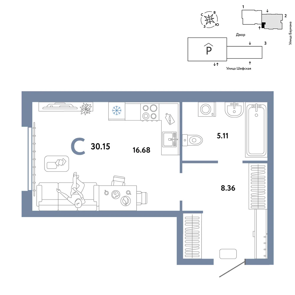 Планировка Студия, 30.15 м² ЖК «Страна.Энтузиастов»