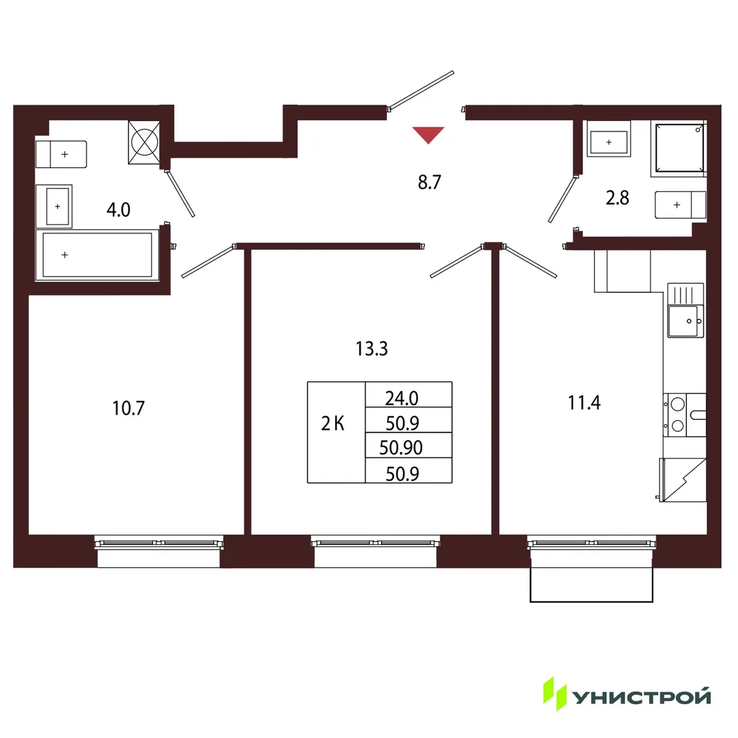 Планировка 2-комн. квартира, 50.9 м² ЖК «Лисино»