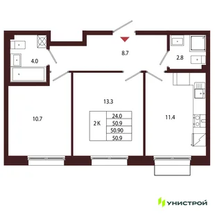 Планировка 2-комн. квартира, 50.9 м² ЖК «Лисино»