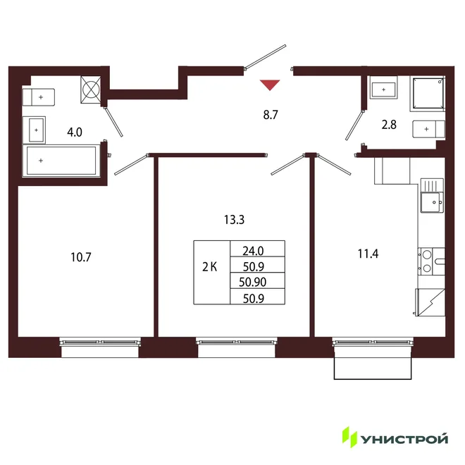 Планировка 2-комн. квартира, 50.9 м² ЖК «Лисино» Планировка 2-комн. квартира, 50.9 м² ЖК «Лисино»