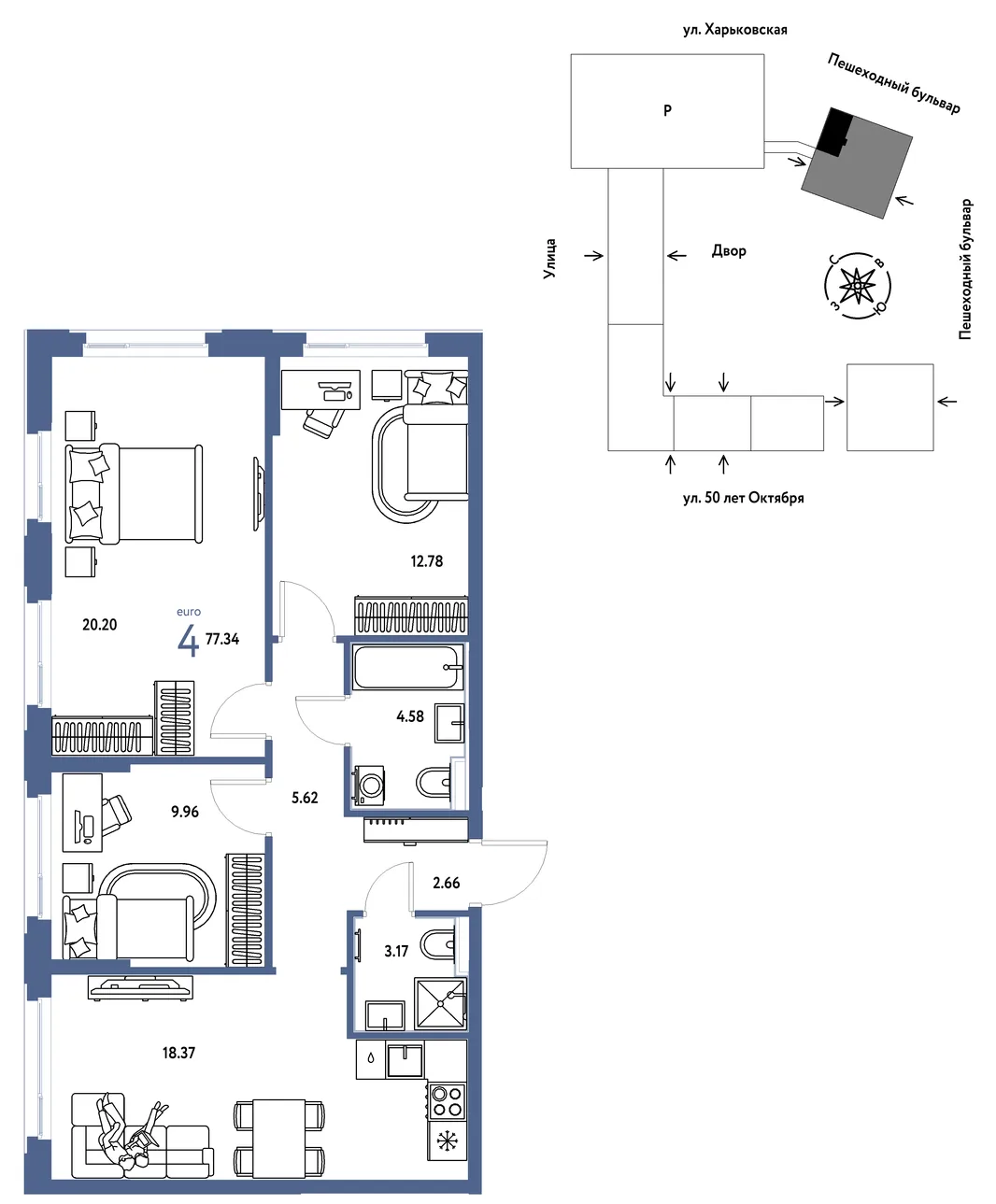 Планировка 4-комн. квартира, 77.34 м² ЖК «Сердце Сибири»