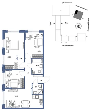 Планировка 4-комн. квартира, 77.34 м² ЖК «Сердце Сибири»