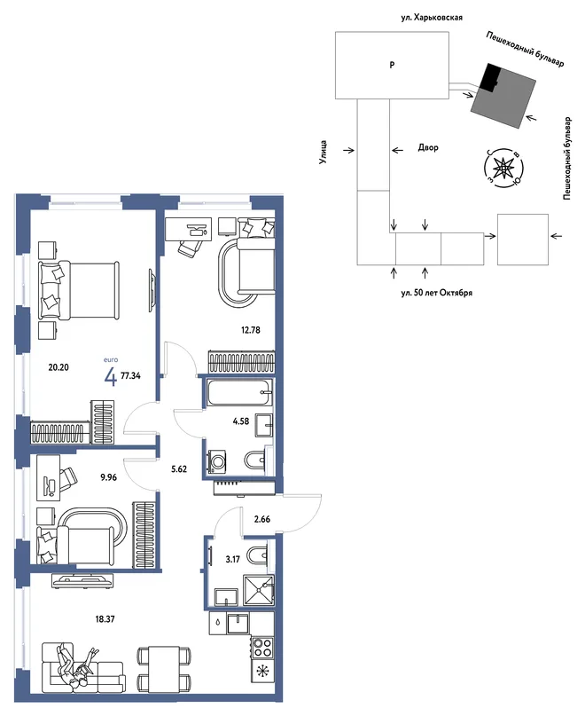 Планировка 4-комн. квартира, 77.34 м² ЖК «Сердце Сибири» Планировка 4-комн. квартира, 77.34 м² ЖК «Сердце Сибири»