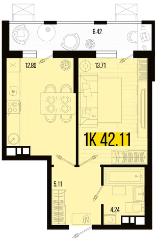 Планировка 1-комн. квартира, 38.9 м² ЖК «Цветной бульвар»