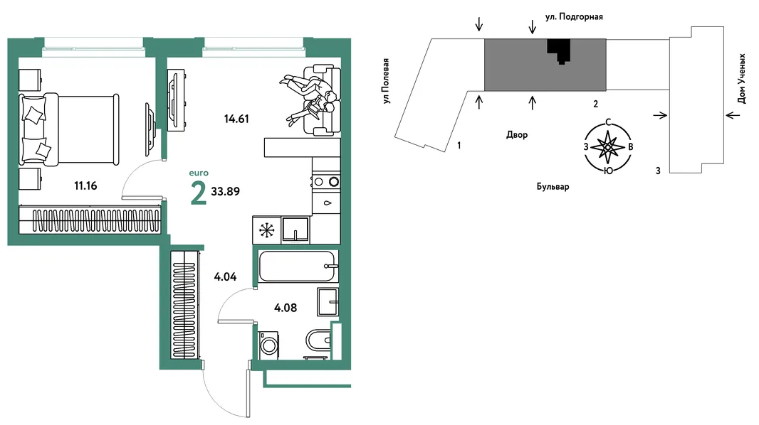 Планировка 2-комн. квартира, 33.98 м² ЖК «Авторский»