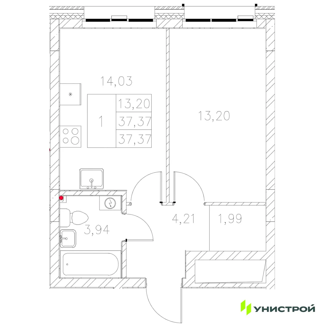 Планировка 1-комн. квартира, 37.37 м² ЖК «Statum»