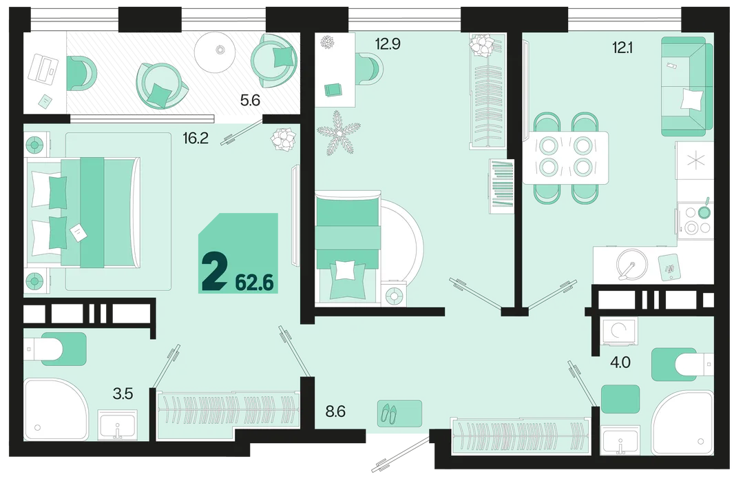 Планировка 2-комн. квартира, 62.9 м² ЖК «Первое место»