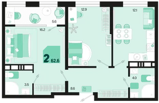 Планировка 2-комн. квартира, 62.9 м² ЖК «Первое место»