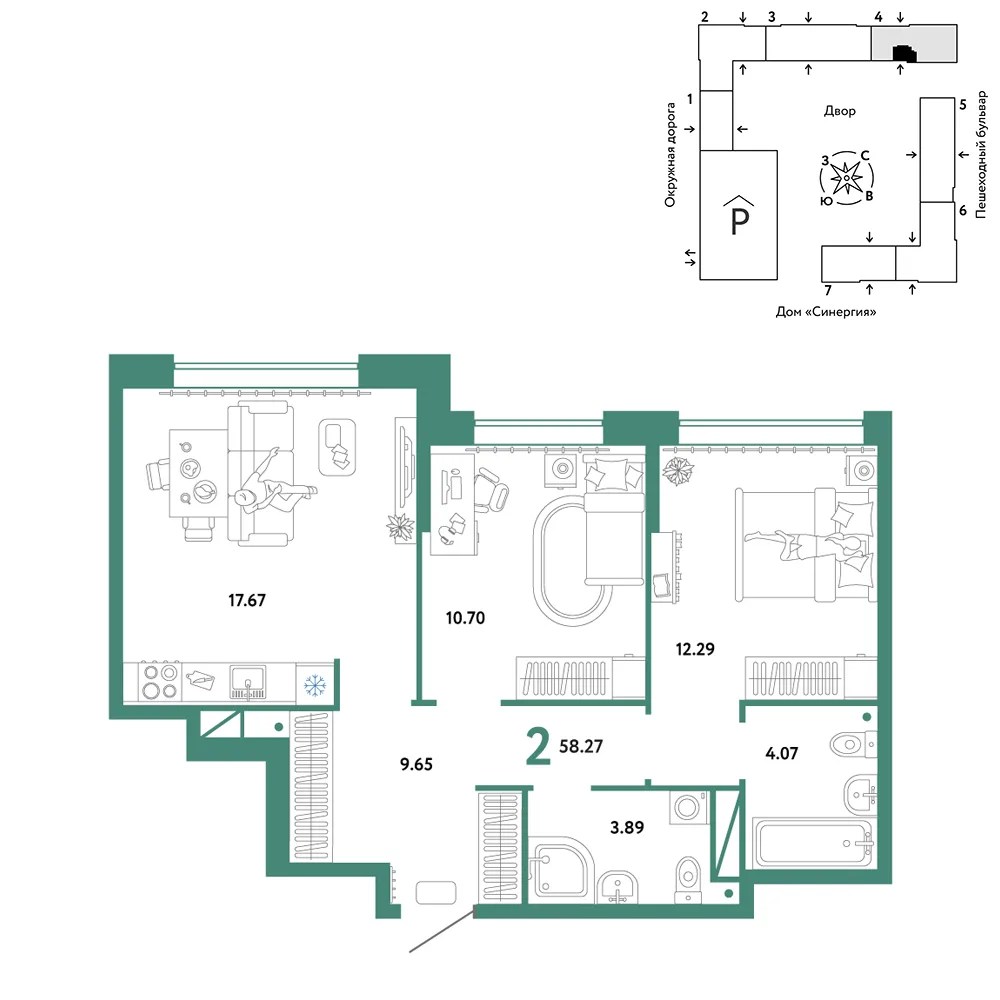Планировка 2-комн. квартира, 58.27 м² ЖК «Юнион»