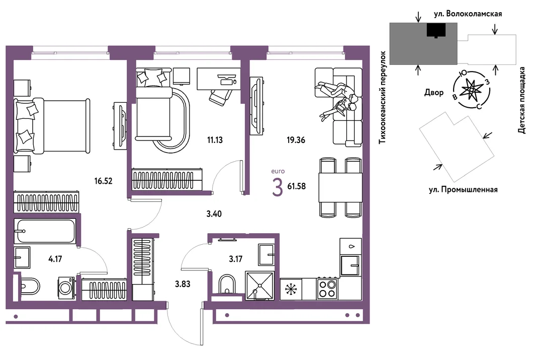 Планировка 3-комн. квартира, 61.58 м² ЖК «Страна Прибрежная»
