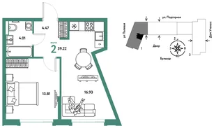Планировка 2-комн. квартира, 39.31 м² ЖК «Авторский»
