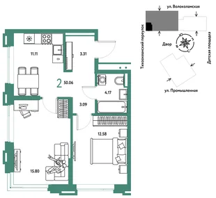 Планировка 2-комн. квартира, 50.06 м² ЖК «Страна Прибрежная»