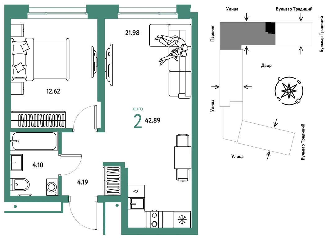 Планировка 2-комн. квартира, 42.89 м² ЖК «Микрорайон Домашний»