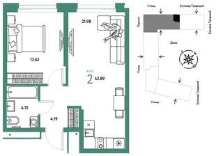 Планировка 2-комн. квартира, 42.89 м² ЖК «Микрорайон Домашний»