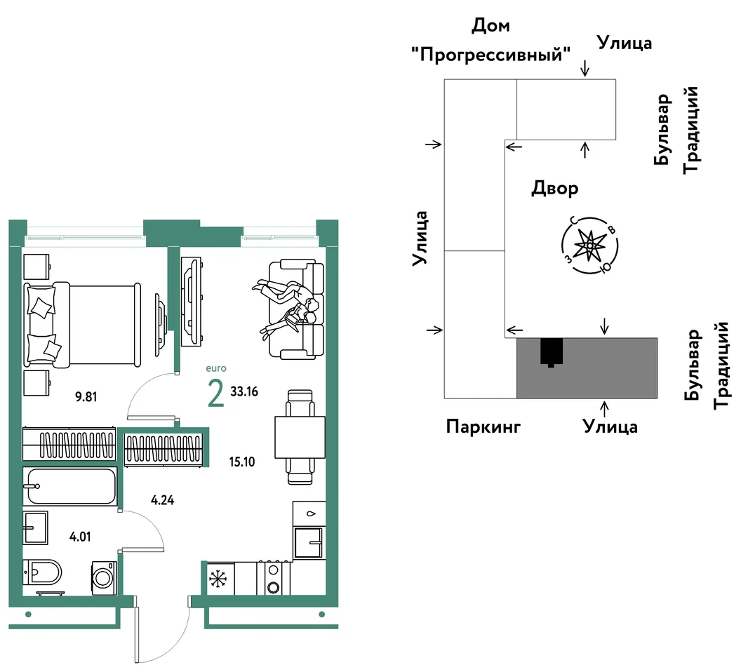 Планировка 2-комн. квартира, 33.16 м² ЖК «Микрорайон Домашний»