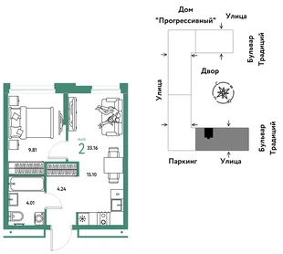Планировка 2-комн. квартира, 33.16 м² ЖК «Микрорайон Домашний»
