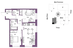 Планировка 3-комн. квартира, 56.36 м² ЖК «Европейский берег 2.0»