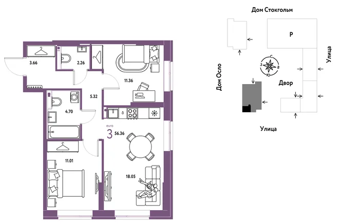 Планировка 3-комн. квартира, 56.36 м² ЖК «Европейский берег 2.0» Планировка 3-комн. квартира, 56.36 м² ЖК «Европейский берег 2.0»