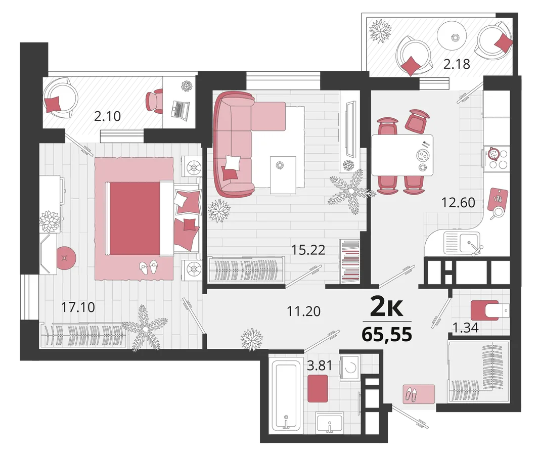 Планировка 2-комн. квартира, 65.35 м² ЖК «Родные просторы»