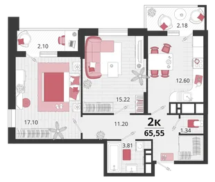 Планировка 2-комн. квартира, 65.35 м² ЖК «Родные просторы»