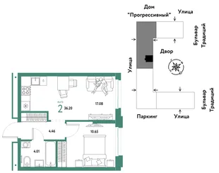 Планировка 2-комн. квартира, 36.2 м² ЖК «Микрорайон Домашний»