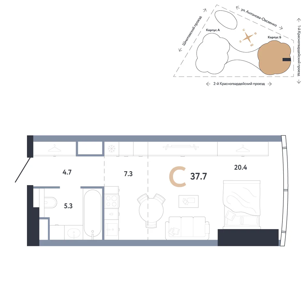 Планировка Студия, 37.7 м² ЖК «АУРУС Резиденции»