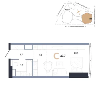 Планировка Студия, 37.7 м² ЖК «АУРУС Резиденции»