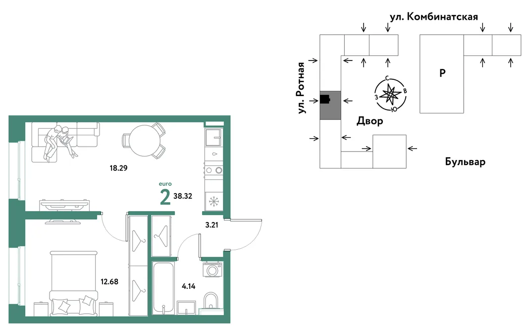 Планировка 2-комн. квартира, 38.11 м² ЖК «Уральский сад»