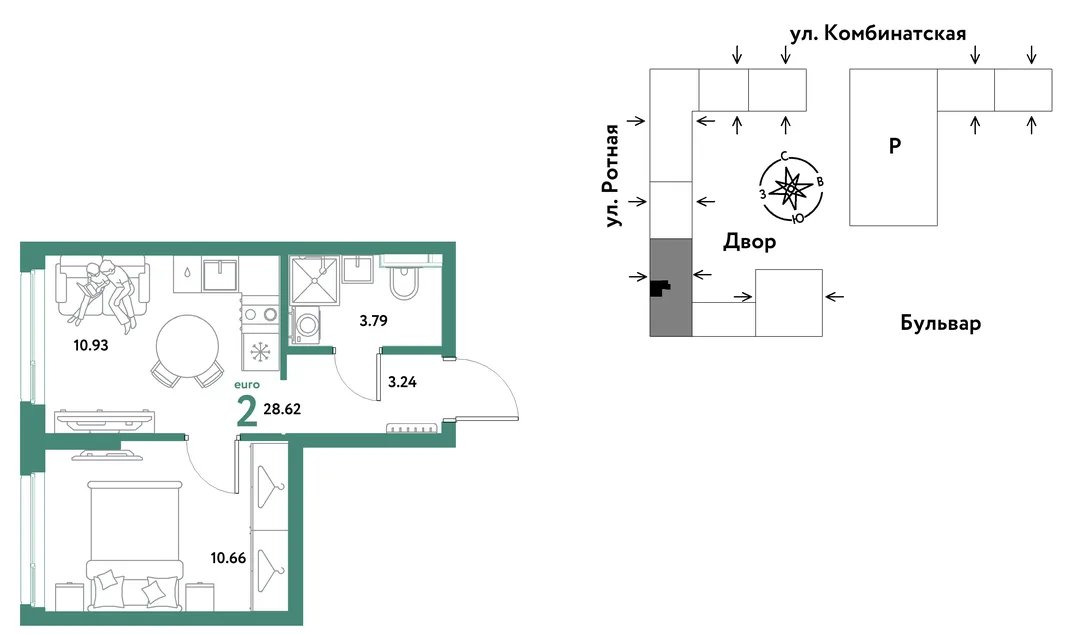 Планировка 2-комн. квартира, 28.44 м² ЖК «Уральский сад»
