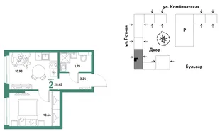 Планировка 2-комн. квартира, 28.44 м² ЖК «Уральский сад»