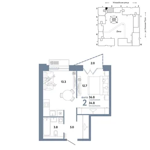 Планировка 2-комн. квартира, 36.8 м² ЖК «Страна.Заречная»